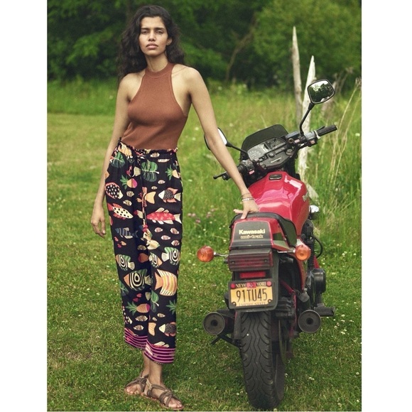 FARM RIO Tropical Fish Print Crepe Beaded Drawstring Embroidered Stripe Pants XS - Picture 6 of 10